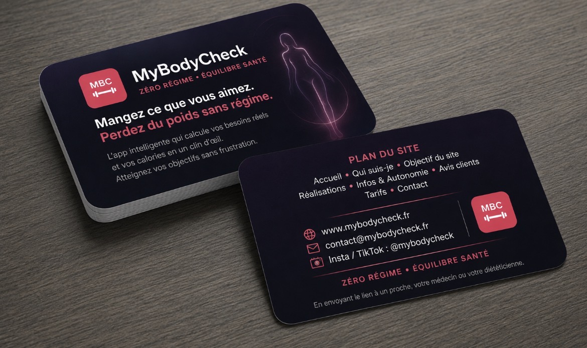 Carte de visite MyBodyCheck recto et verso : slogan zéro régime, plan du site, www.mybodycheck.fr, contact@mybodycheck.fr et @mybodycheck
